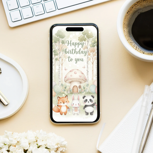 Woodland animals birthday celebration with forest scene, mushroom house and soft pastel decorations in Nordic minimalist design