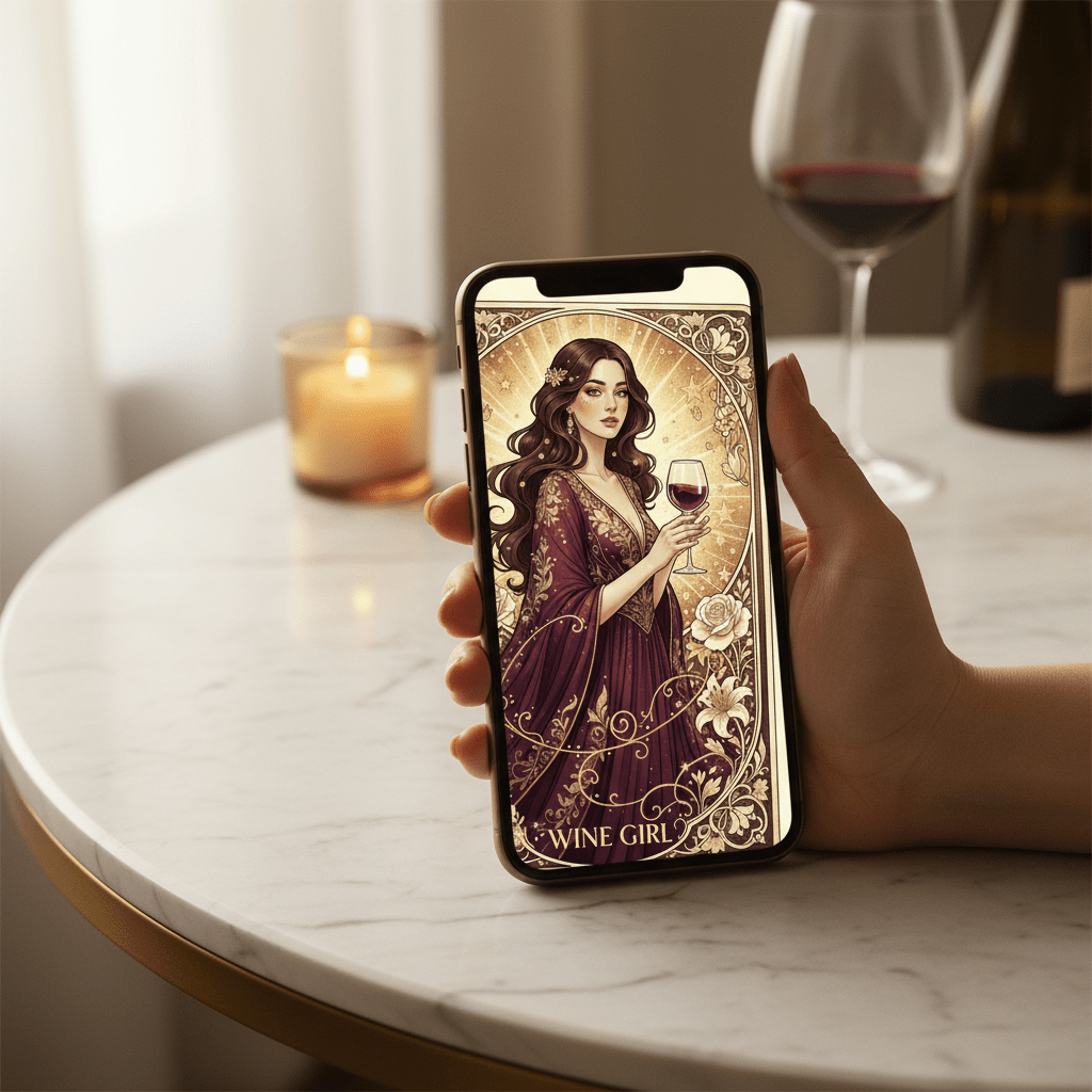 Wine Girl Art Nouveau digital greeting card displayed on iPhone