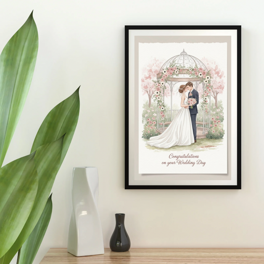 Beige minimalist wall frame mockup displaying wedding gazebo card in neutral Scandinavian interior