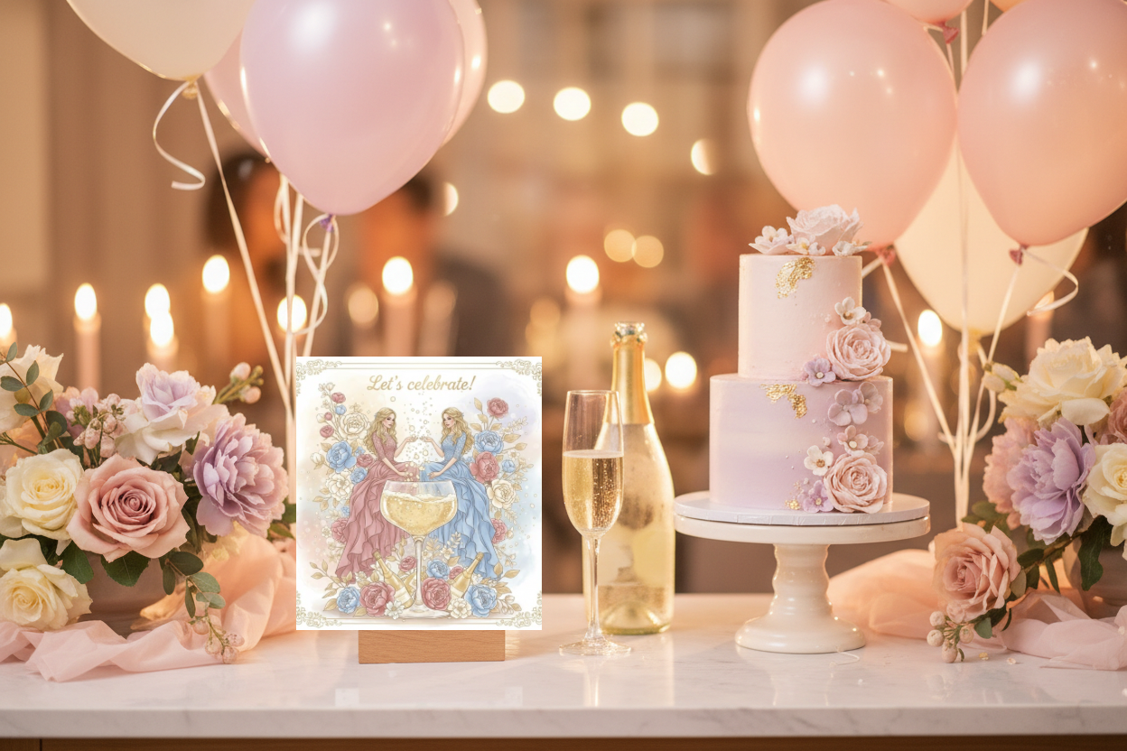 Let's celebrate card framed on wall - joyful celebration greeting in soft pastels