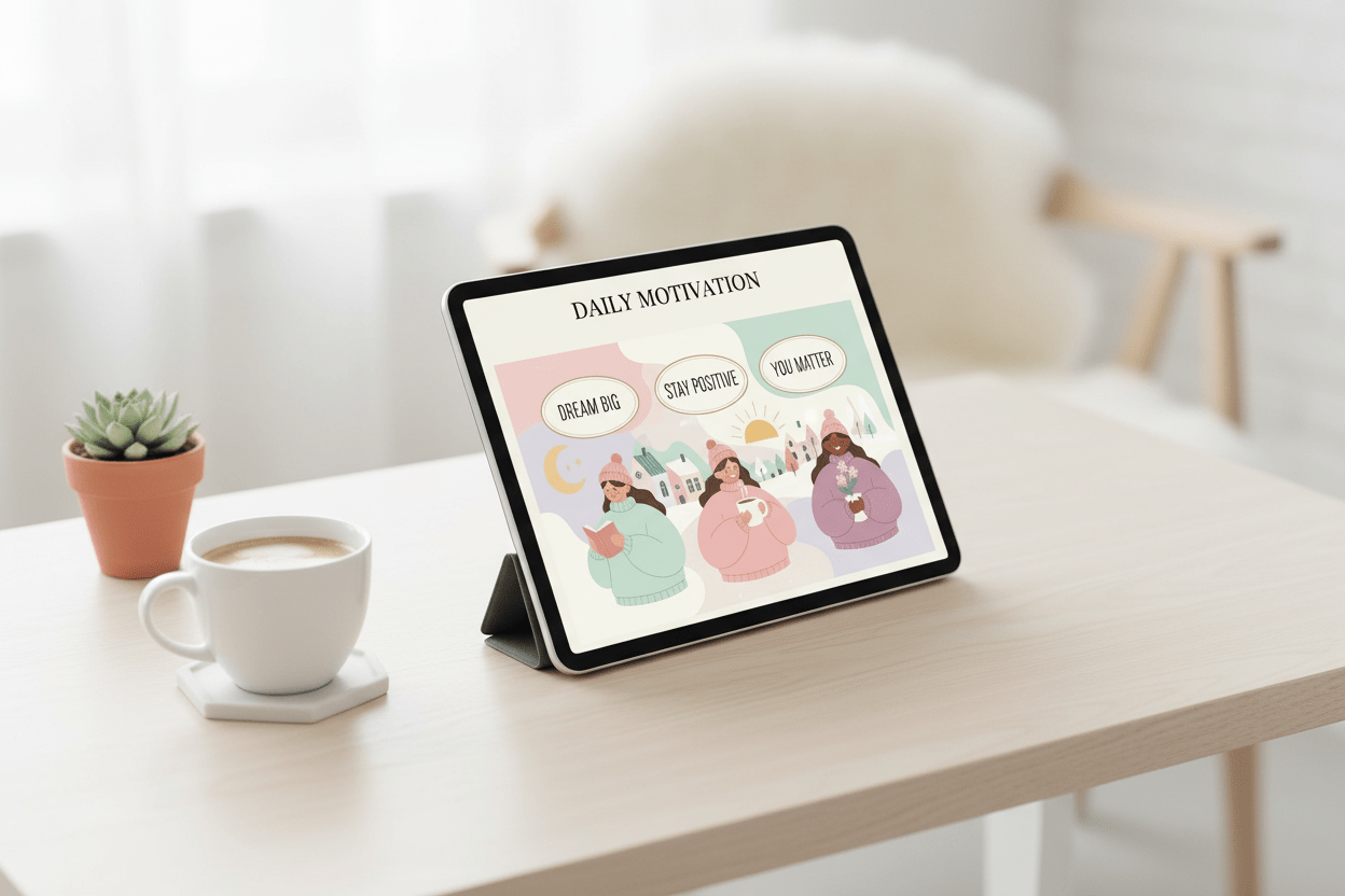 Daily motivation card on tablet mockup - digital encouragement with illustrated characters