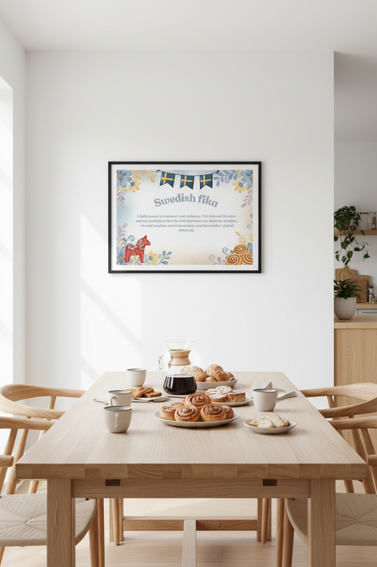 Swedish fika wall art print in Scandinavian kitchen with Dala horse and pastel florals - Nordic home decor poster