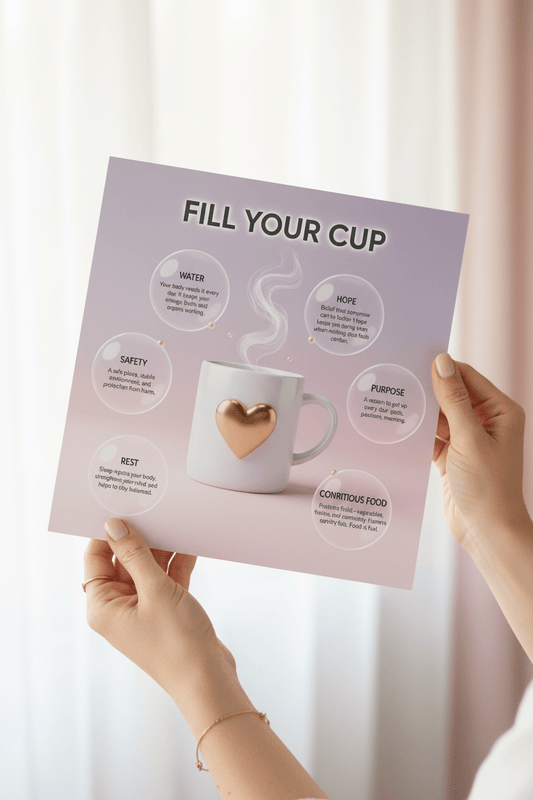 Hands holding fill your cup print - self-care motivation card in soft pastels