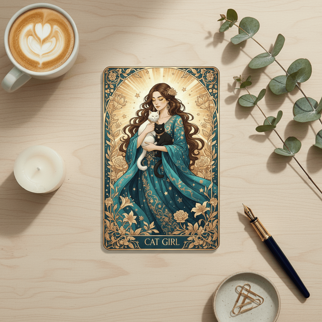 Cat Girl - Art Nouveau Card - Digital Greeting Download - TheJoyfulDigital