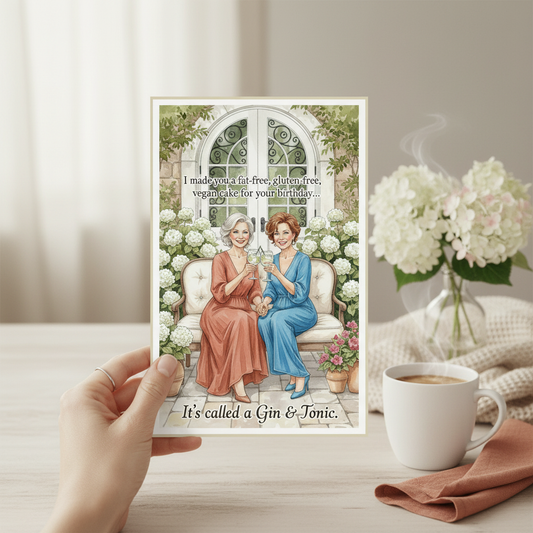 Gin & Tonic birthday card held in hands with coffee and flowers