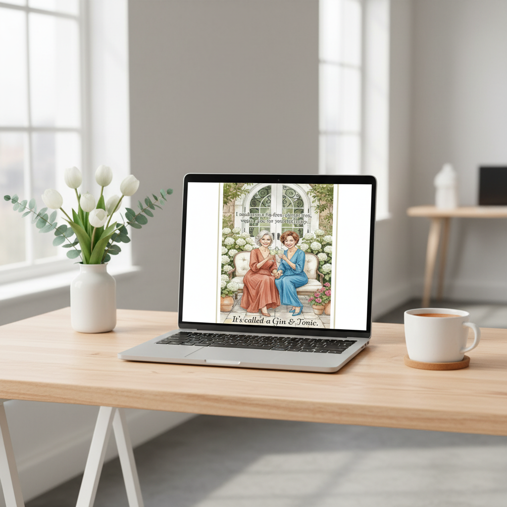 Gin & Tonic birthday card displayed on MacBook screen in elegant workspace
