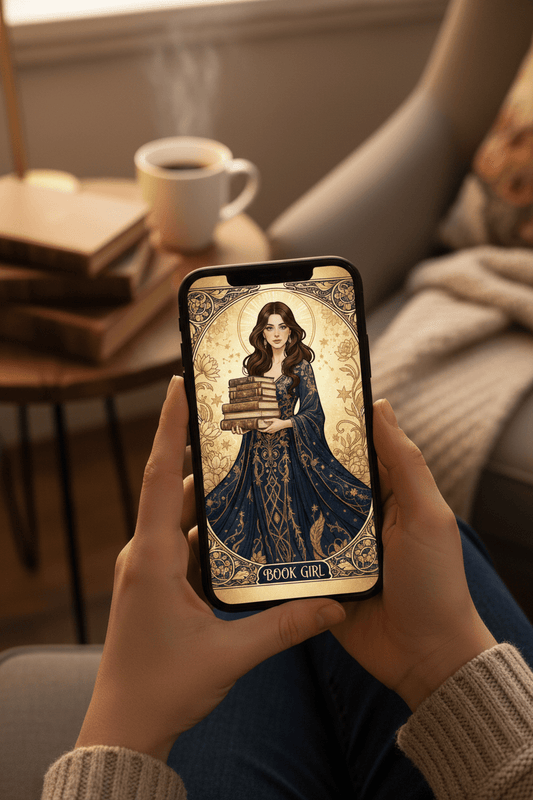 Book Girl – Art Nouveau digital greeting card displayed on phone screen, instant download