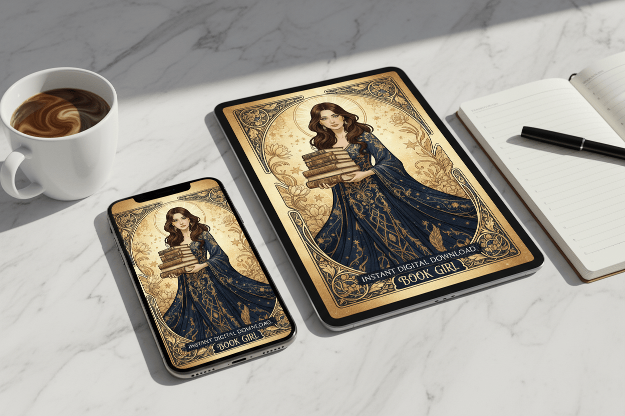 Book Girl - Art Nouveau Card - Digital Greeting Download - TheJoyfulDigital