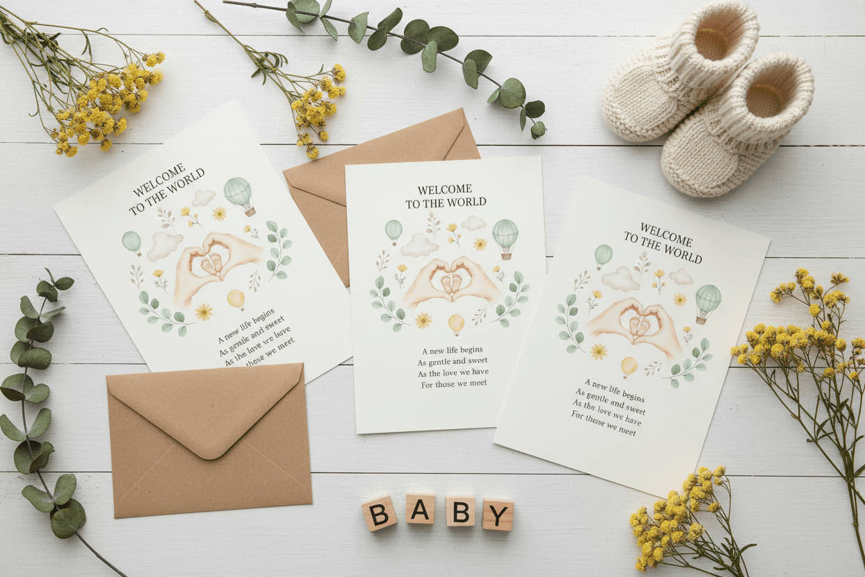 Printed newborn postcards flat lay on neutral background - Nordic baby announcement cards