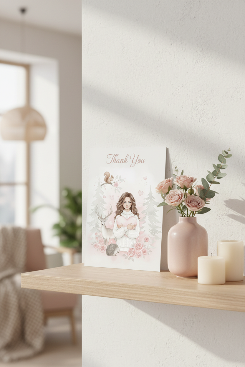 Thank You Love & Hearts card on shelf with flowers and decor - lifestyle greeting card mockup