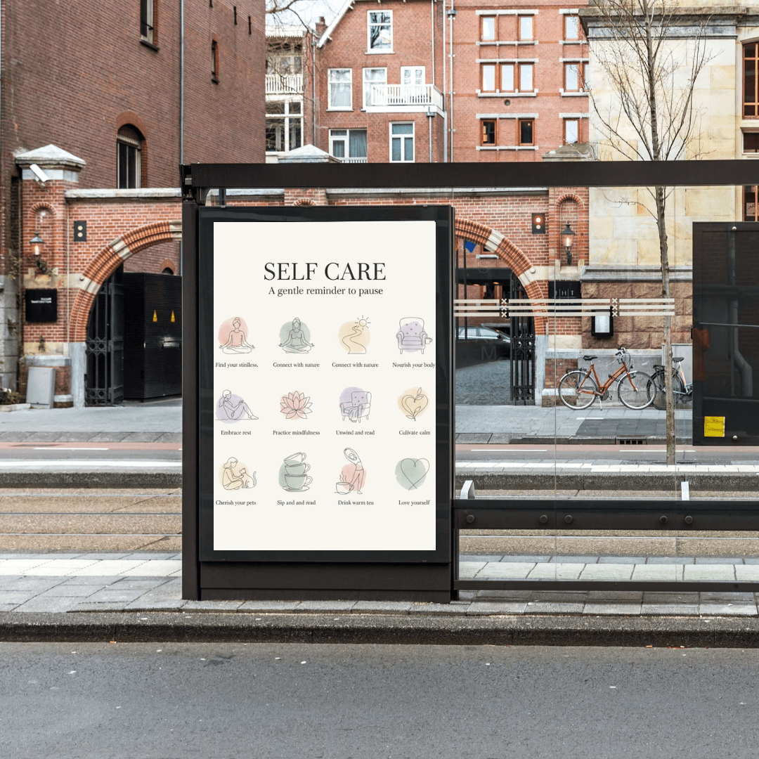 Digital self-care card on tablet - burnout prevention and rest reminder