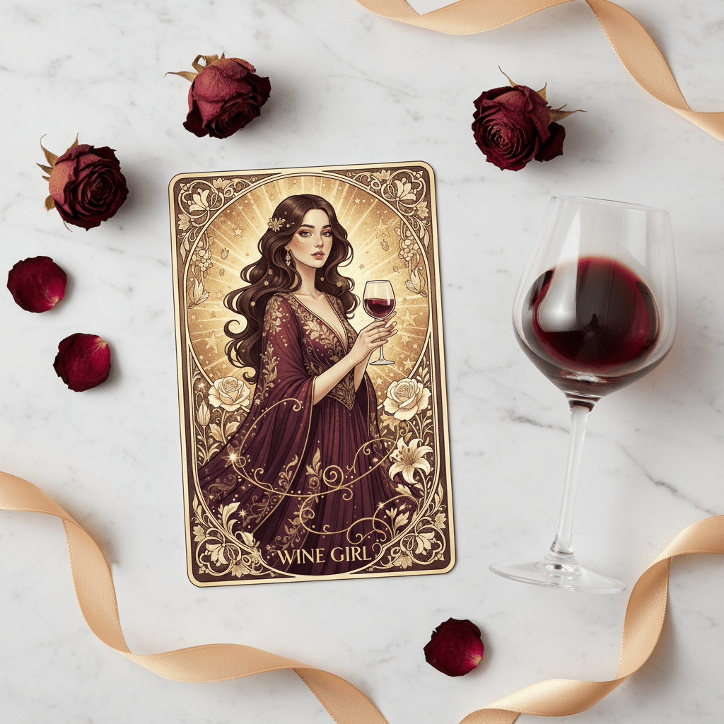 Wine Girl Art Nouveau digital greeting card printed postcard on marble with roses