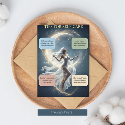 Minimalist self-care print with moon and stars motif in pastel tones, perfect for meditation space