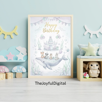 Underwater birthday party scene with decorated table, pastel cake, balloons and presents in lavender, mint and soft blue tones