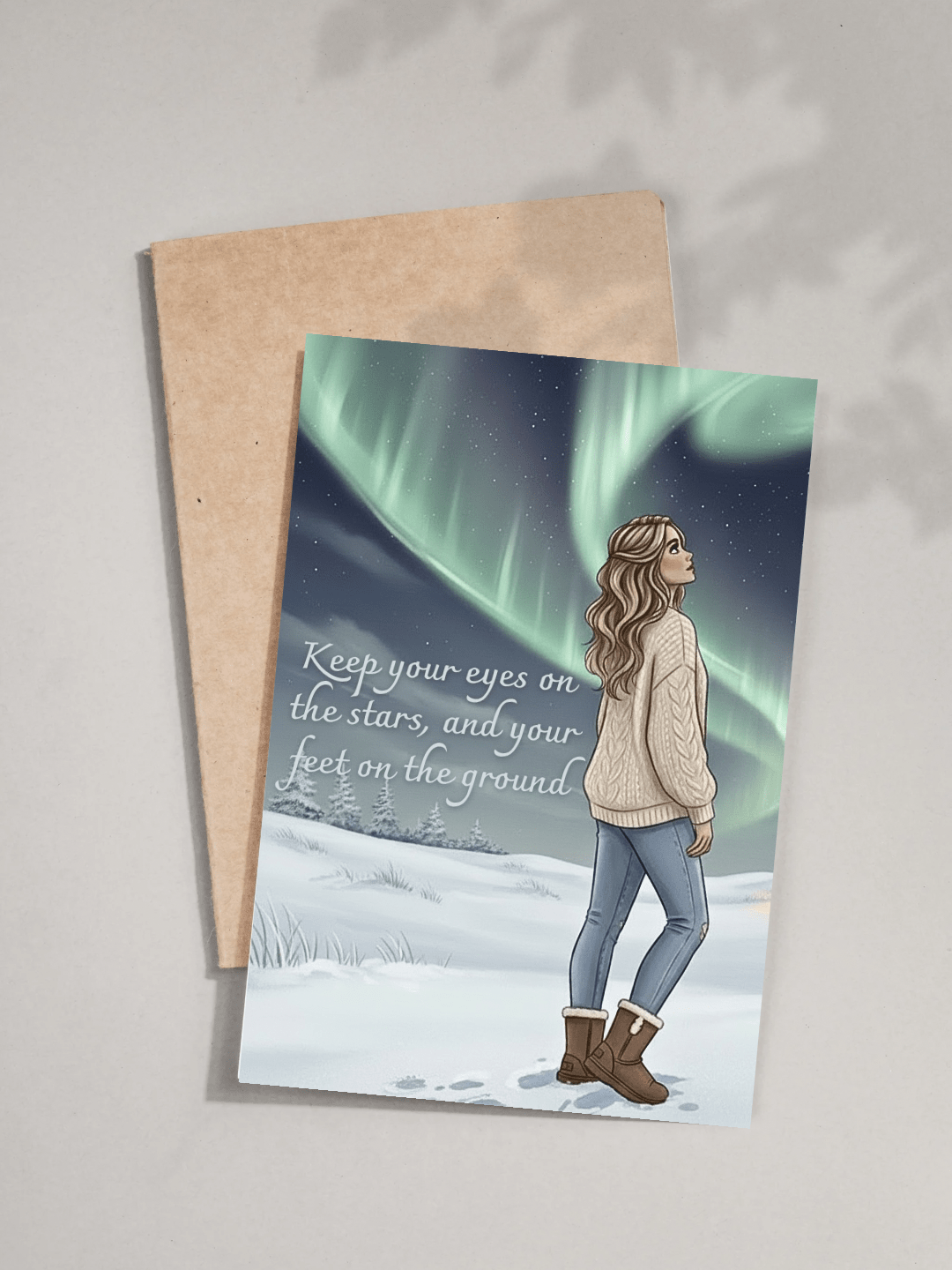 Northern lights digital card on MacBook in elegant workspace - printable aurora borealis motivation art