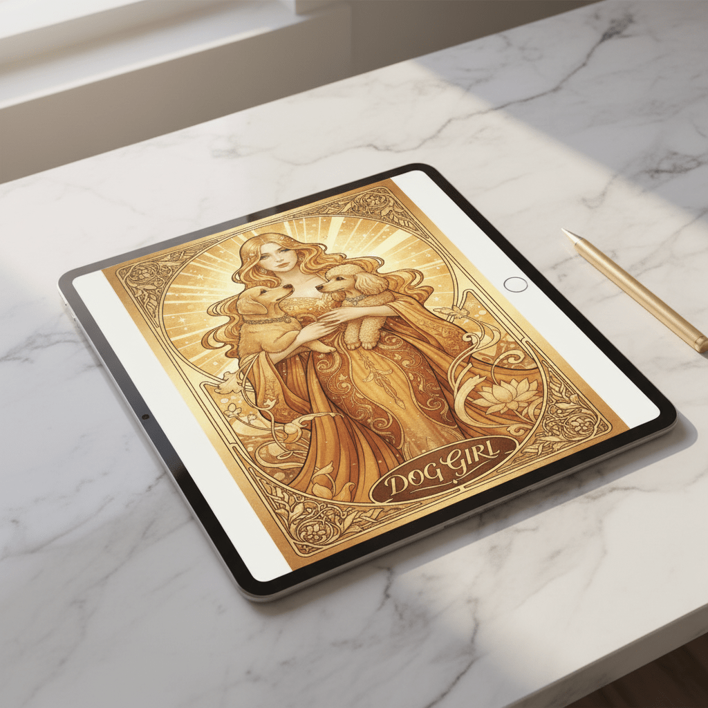 Dog Girl - Art Nouveau Card - Digital Greeting Download - TheJoyfulDigital