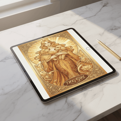 Dog Girl - Art Nouveau Card - Digital Greeting Download - TheJoyfulDigital