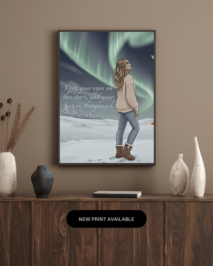 Aurora borealis greeting card on iPad with winter styling - printable inspirational Nordic card