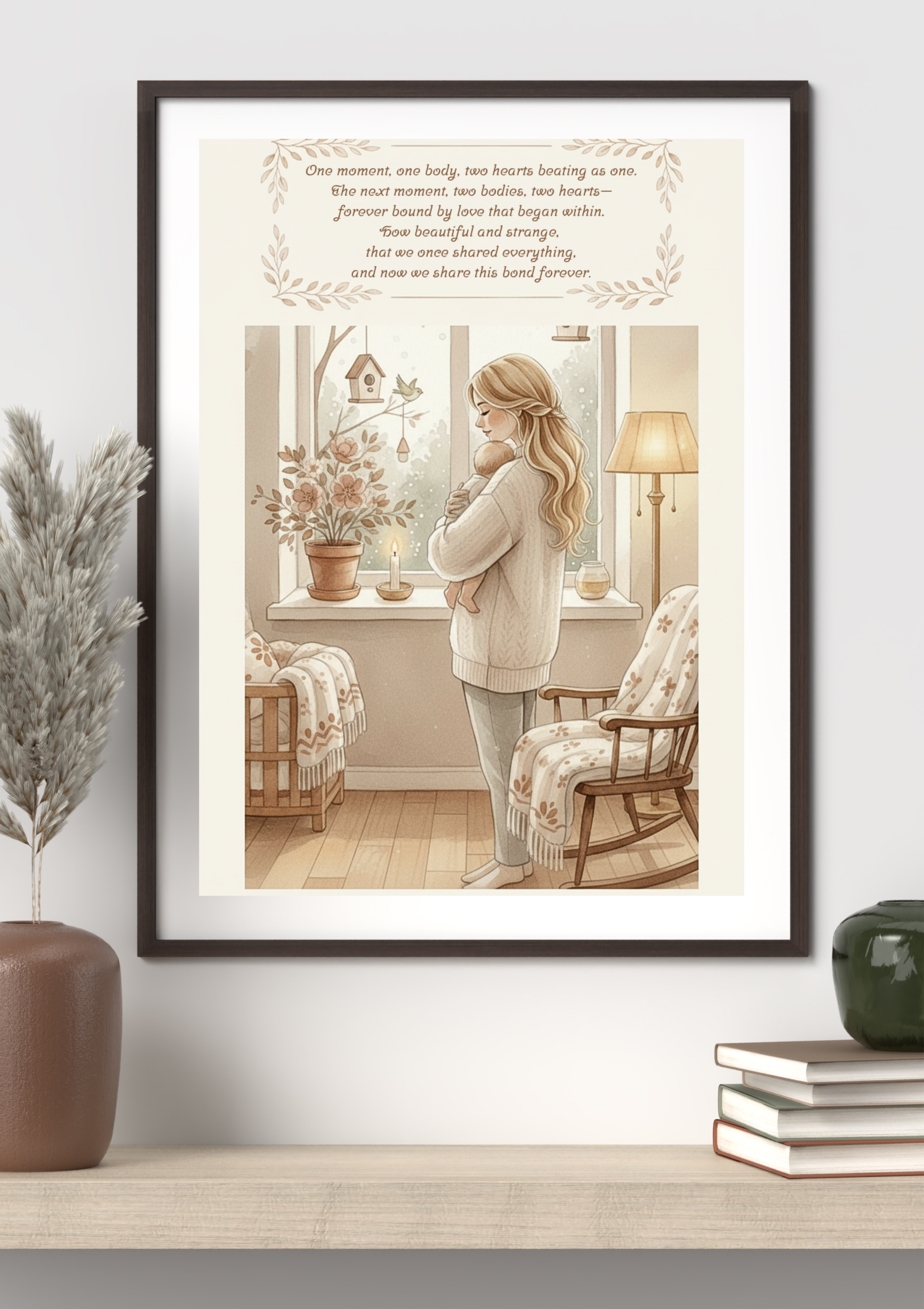 Pregnancy print in black frame on white wall with books and vase