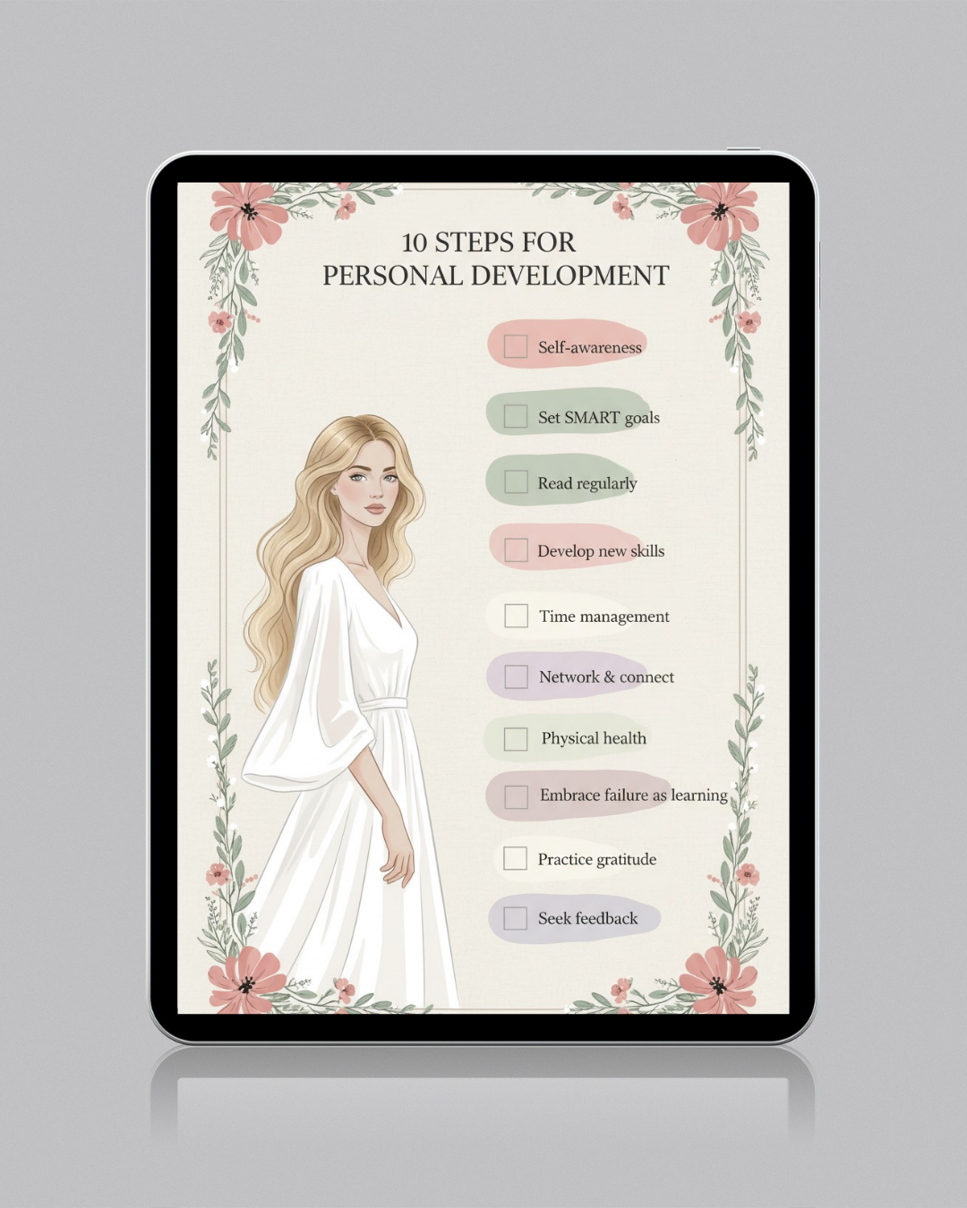 10 Steps for Personal Development checklist displayed on tablet mockup with Nordic minimalist design