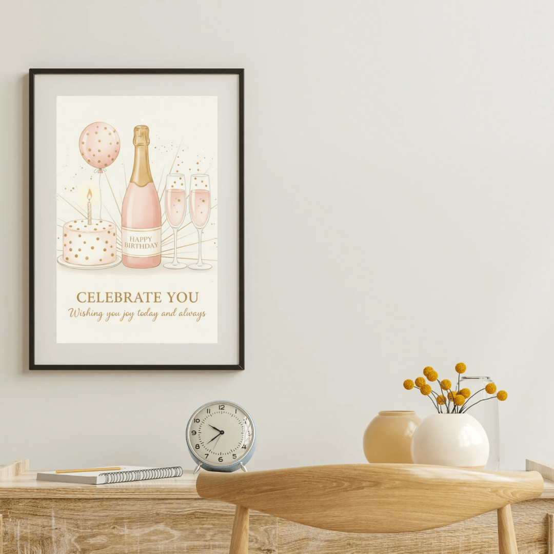 Celebrate you card on tablet - digital birthday greeting with champagne and cake