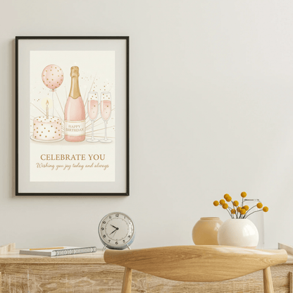 Celebrate you card on tablet - digital birthday greeting with champagne and cake