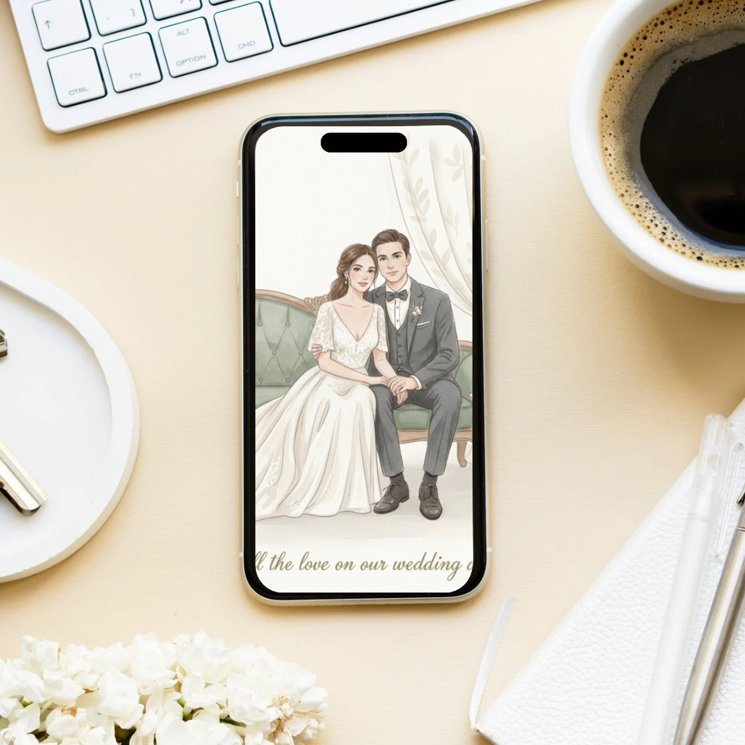 Thank You for All the Love wedding card displayed on smartphone showing romantic illustration of bride and groom couple in soft Nordic pastel colors