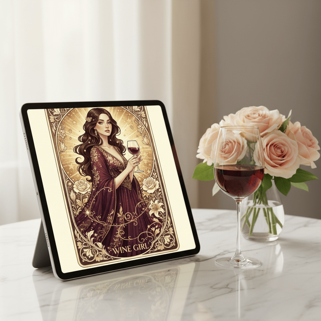 Wine Girl Art Nouveau digital greeting card on iPad