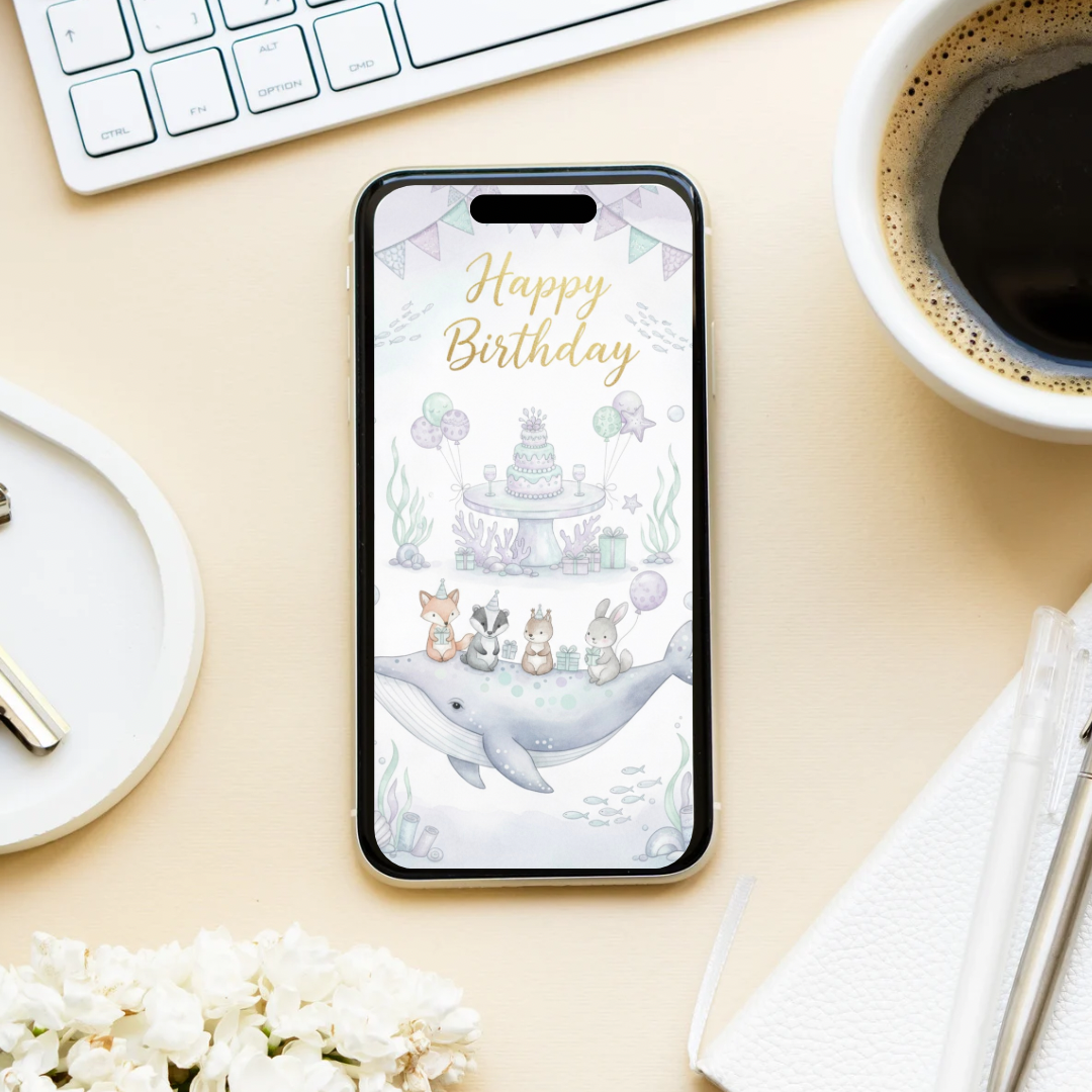 Whimsical underwater birthday scene with cute animals celebrating, party decorations and magical atmosphere in cool pastel tones