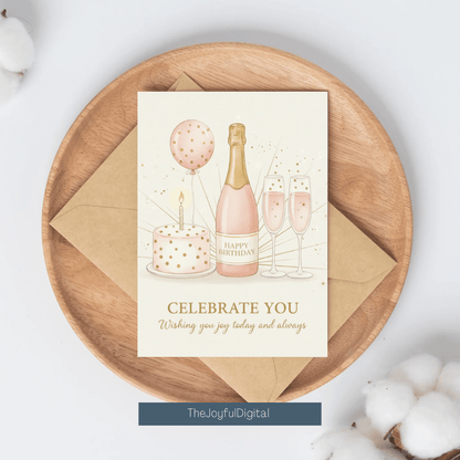 Birthday celebration card flat lay - champagne toast and cake illustration in gold accents