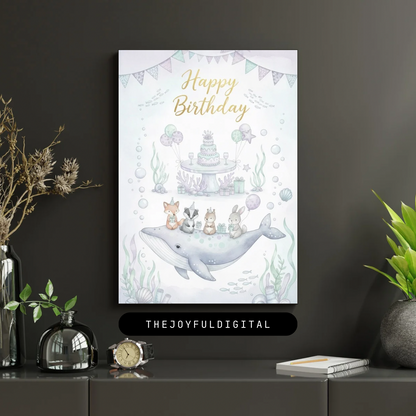Happy Birthday Underwater digital card with whale and woodland animals swimming towards party with cake and balloons in cool Nordic pastel colors