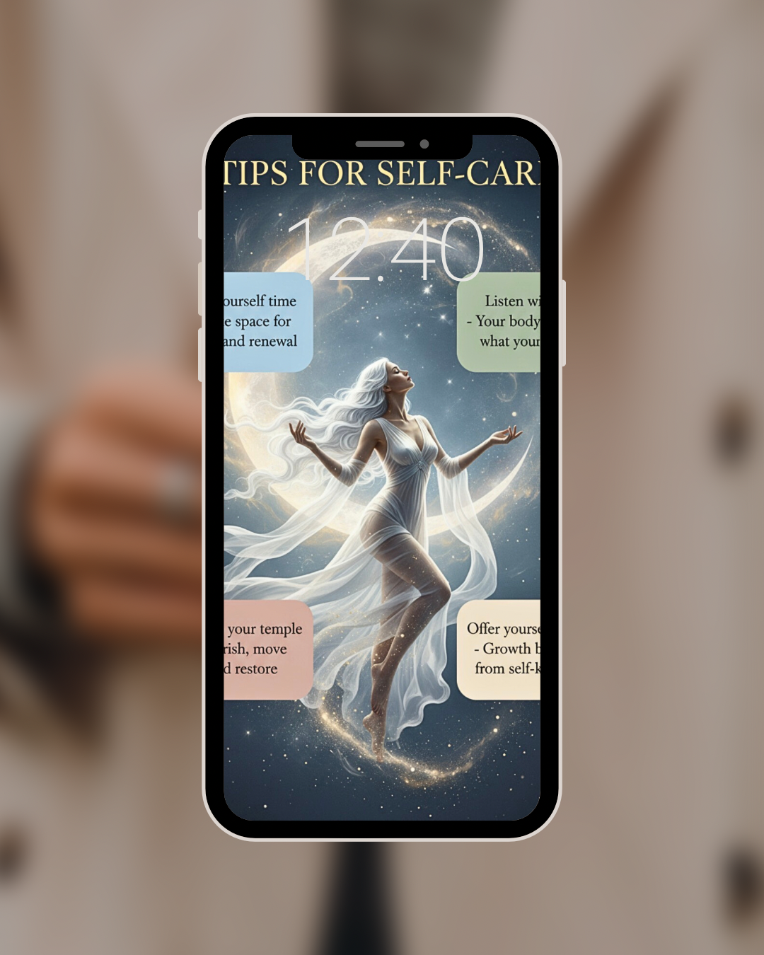 Self-care reminder wall art featuring mindfulness tips with celestial Nordic design elements