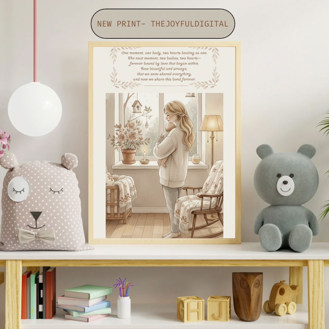 Pregnancy print displayed in nursery with toys and decorations