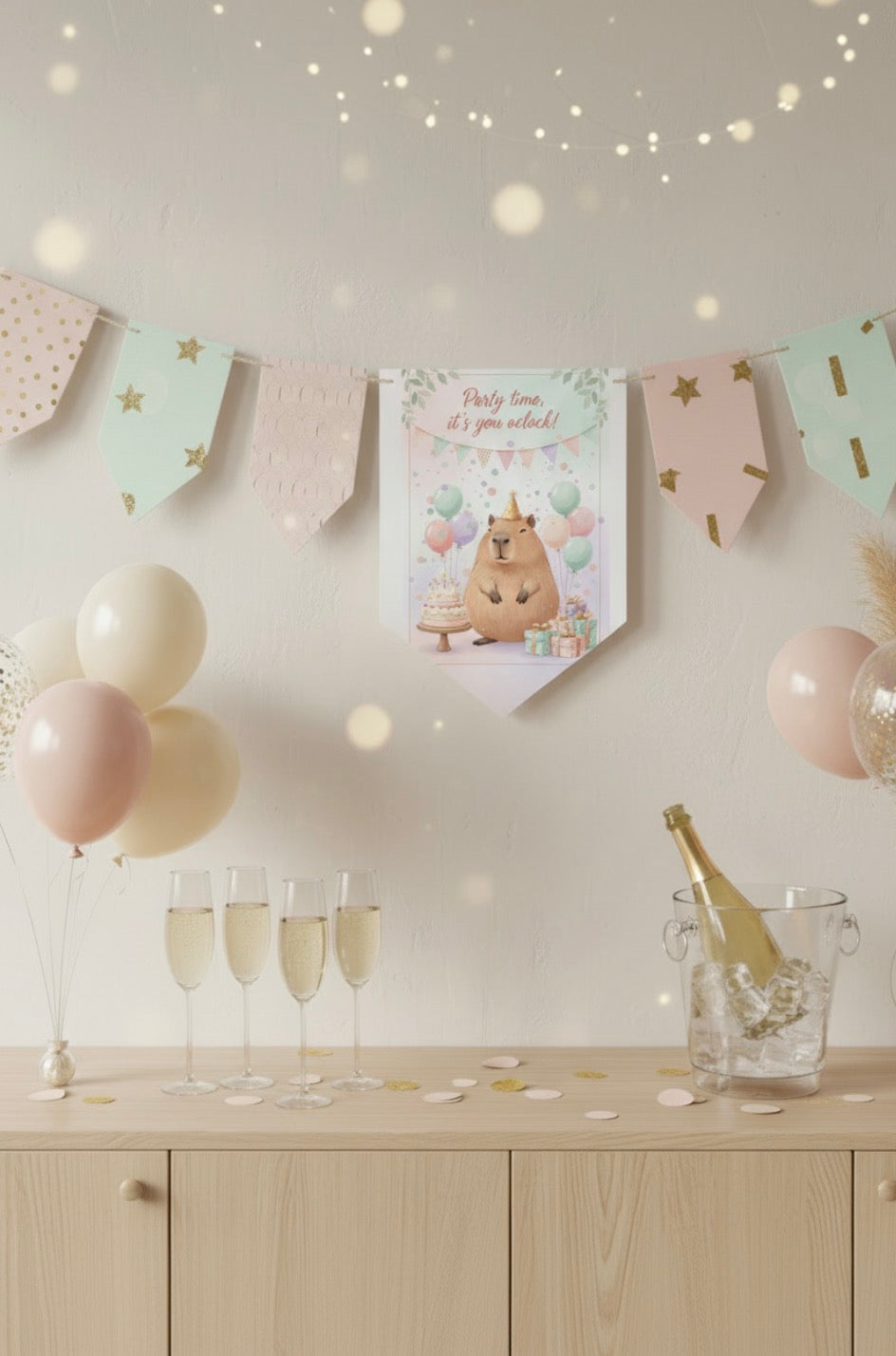 Capybara party banner hanging over celebration table with champagne and balloons - birthday decoration
