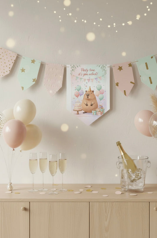 Capybara party banner hanging over celebration table with champagne and balloons - birthday decoration