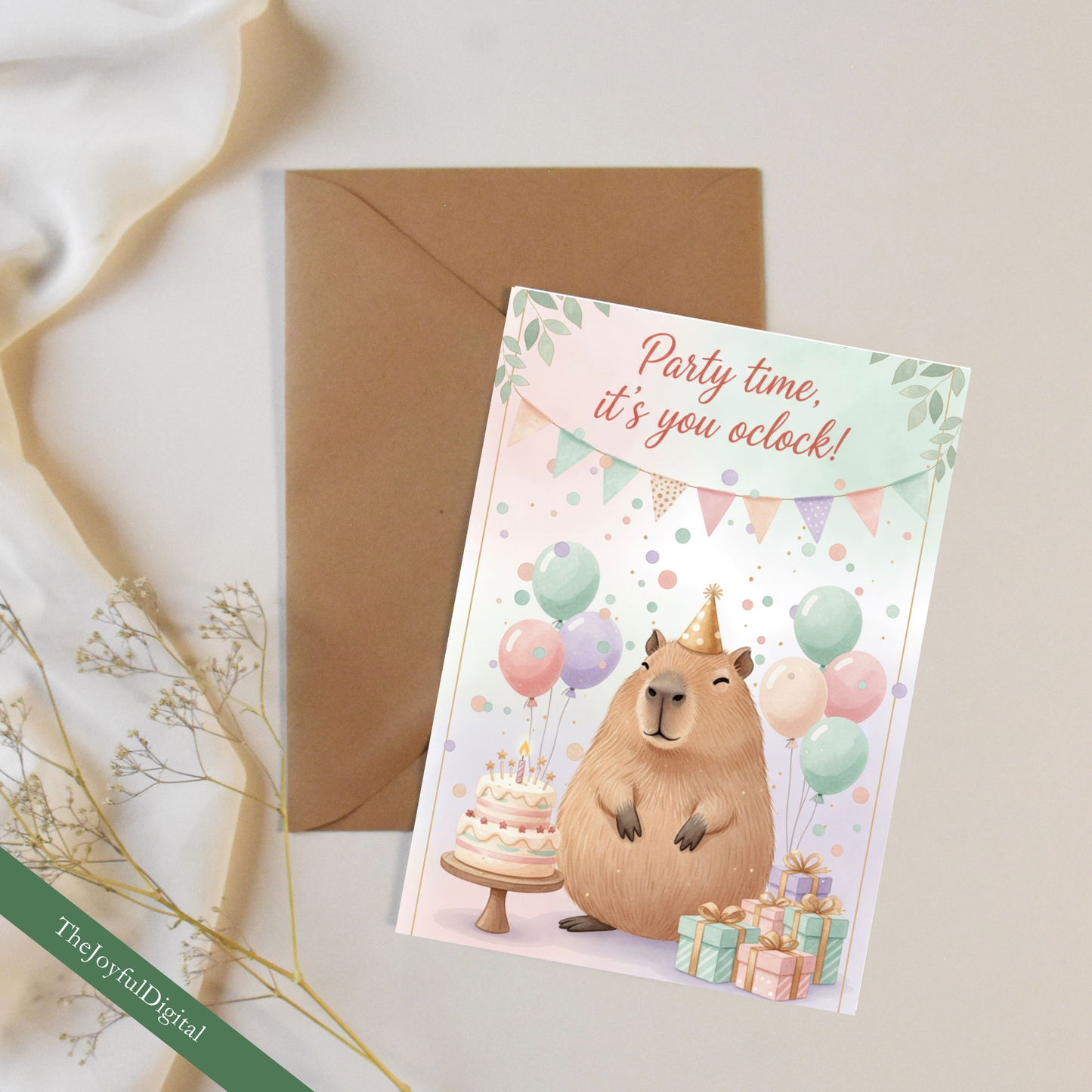 Capybara birthday greeting card with kraft envelope - printable digital card design