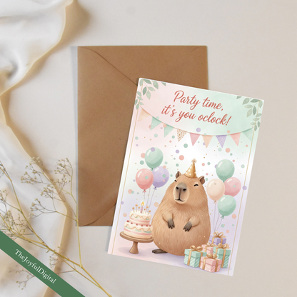 Capybara birthday greeting card with kraft envelope - printable digital card design