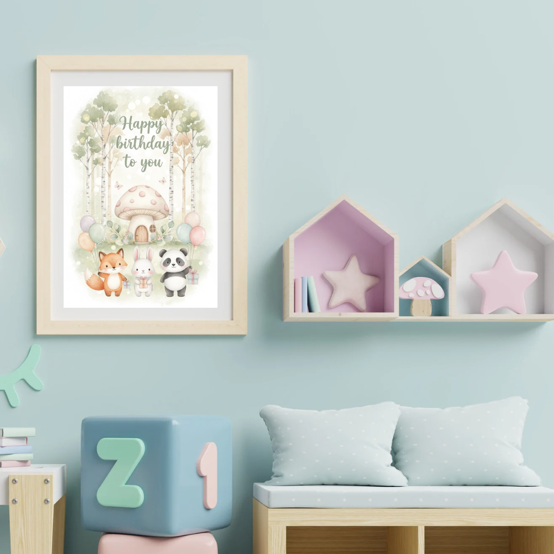 Happy Birthday Animals digital card with fox, bunny and panda celebrating at mushroom house with birch trees and pastel balloons in Nordic watercolor style