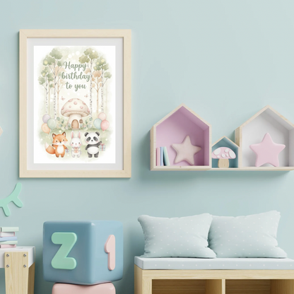 Happy Birthday Animals digital card with fox, bunny and panda celebrating at mushroom house with birch trees and pastel balloons in Nordic watercolor style
