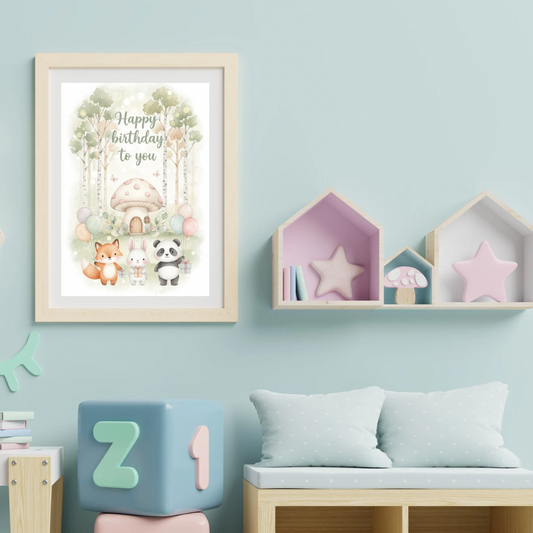 Happy Birthday Animals digital card with fox, bunny and panda celebrating at mushroom house with birch trees and pastel balloons in Nordic watercolor style
