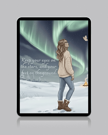 Keep Your Eyes on the Stars framed wall art in minimalist interior - Scandinavian northern lights poster
