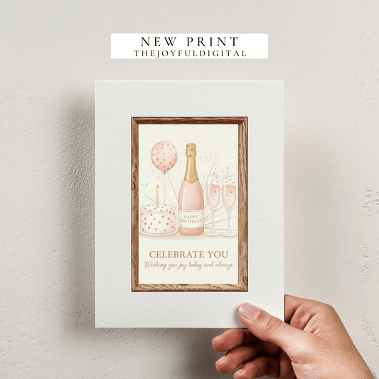 Celebrate you birthday card with champagne and cake - elegant celebration in soft pastels