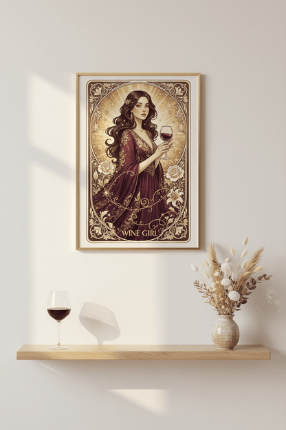 Wine Girl Art Nouveau card framed print on wall above shelf