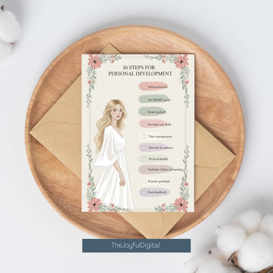 Nordic personal development checklist card on wooden board with envelope - lifestyle flatlay