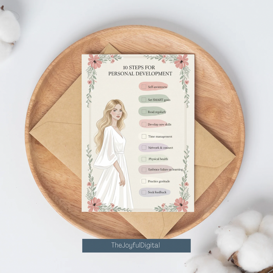 Nordic personal development checklist card on wooden board with envelope - lifestyle flatlay