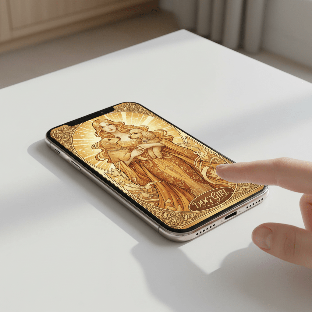 Dog Girl - Art Nouveau Card - Digital Greeting Download - TheJoyfulDigital