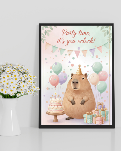 Capybara birthday party print in black frame with daisies - Nordic pastel wall art
