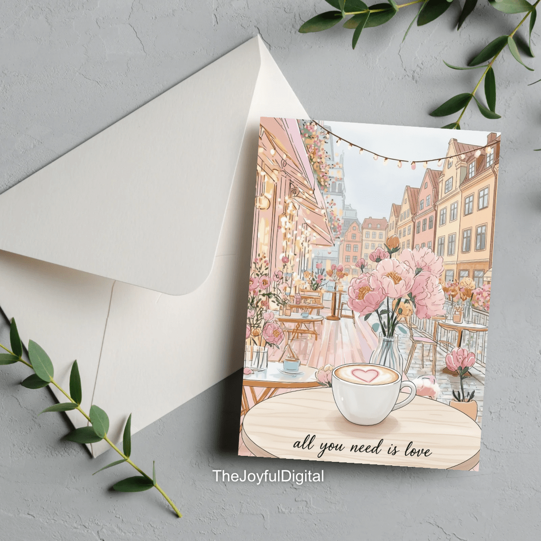 Love greeting card with delicate floral illustration and romantic message - Nordic digital card design