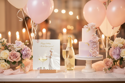 Elegant birthday celebration scene with Happy Birthday Queen card, champagne, pastel roses, balloons and decorated cake in soft pink and lavender tones