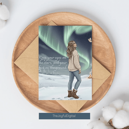 Northern lights card on tablet in cozy Nordic setting - instant download aurora borealis motivational print